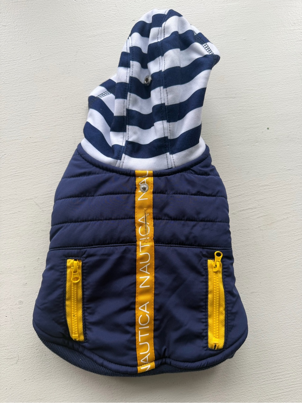 Nautica XS Hooded Dog Jacket Navy Yellow Striped Fleece Lined NWT